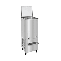 Front view of a Voltas FSS 60/120 stainless steel water cooler with two taps. Front view of a Voltas FSS 60/120 stainless steel water cooler with two taps.