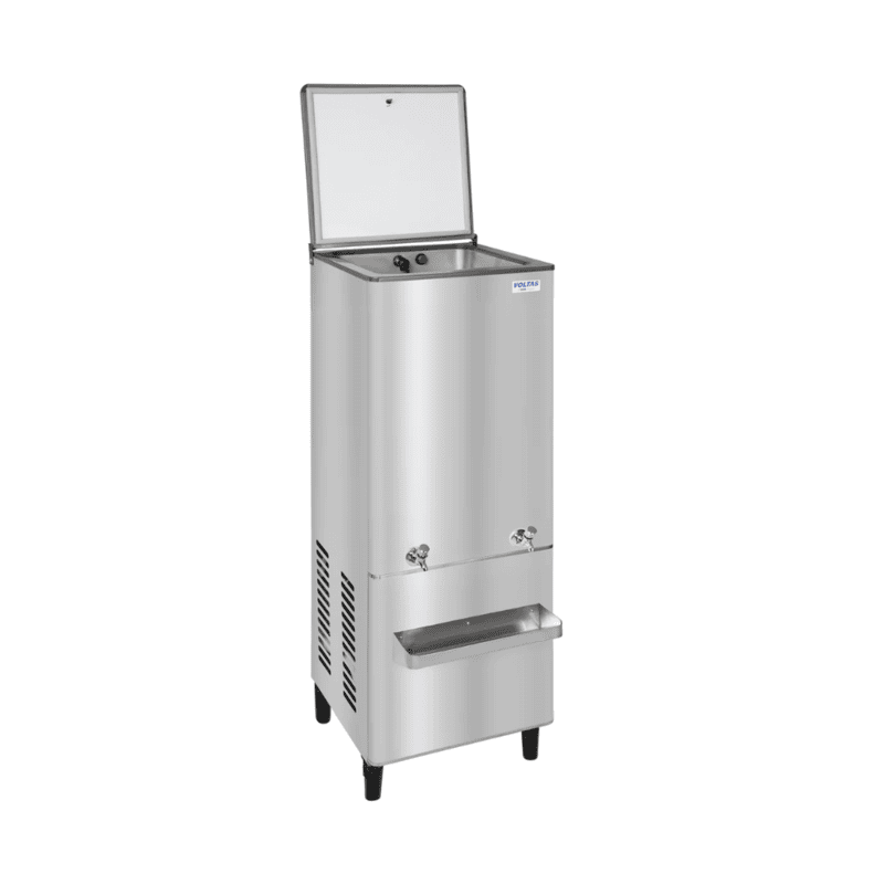 Front view of a Voltas FSS 60/120 stainless steel water cooler with two taps.