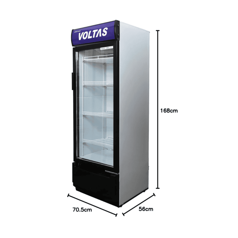 A side profile of the durable, anti-corrosive body of the Voltas VC 320 commercial refrigerator.