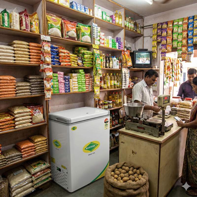 Front view of Western D150H164 deep freezer showing lock and handle.