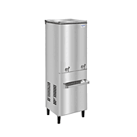 A person filling a glass from the Voltas FSS 60/120 water cooler in an office setting. A person filling a glass from the Voltas FSS 60/120 water cooler in an office setting.