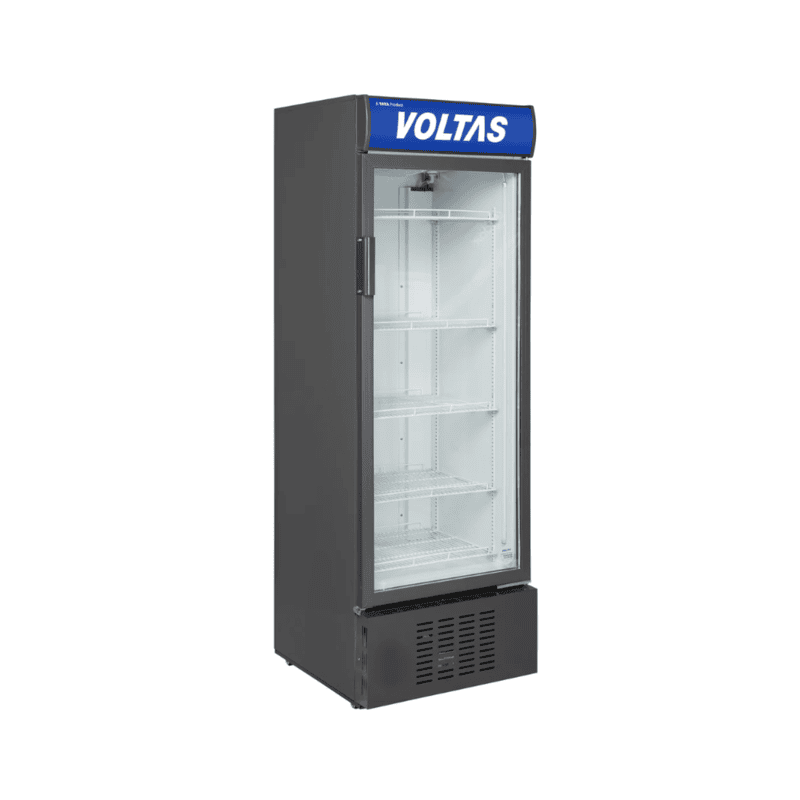 A customer choosing a drink from the brightly lit interior of the Voltas Visi Cooler 550 Litres.