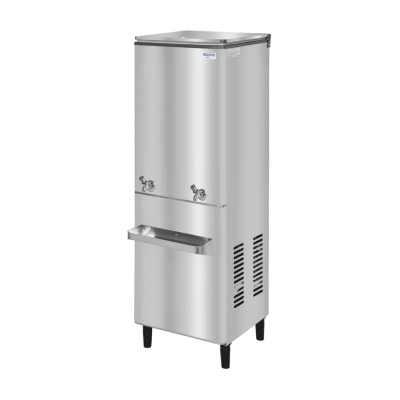 A sleek Voltas stainless steel water cooler, model FSS 60/120, in an office setting.