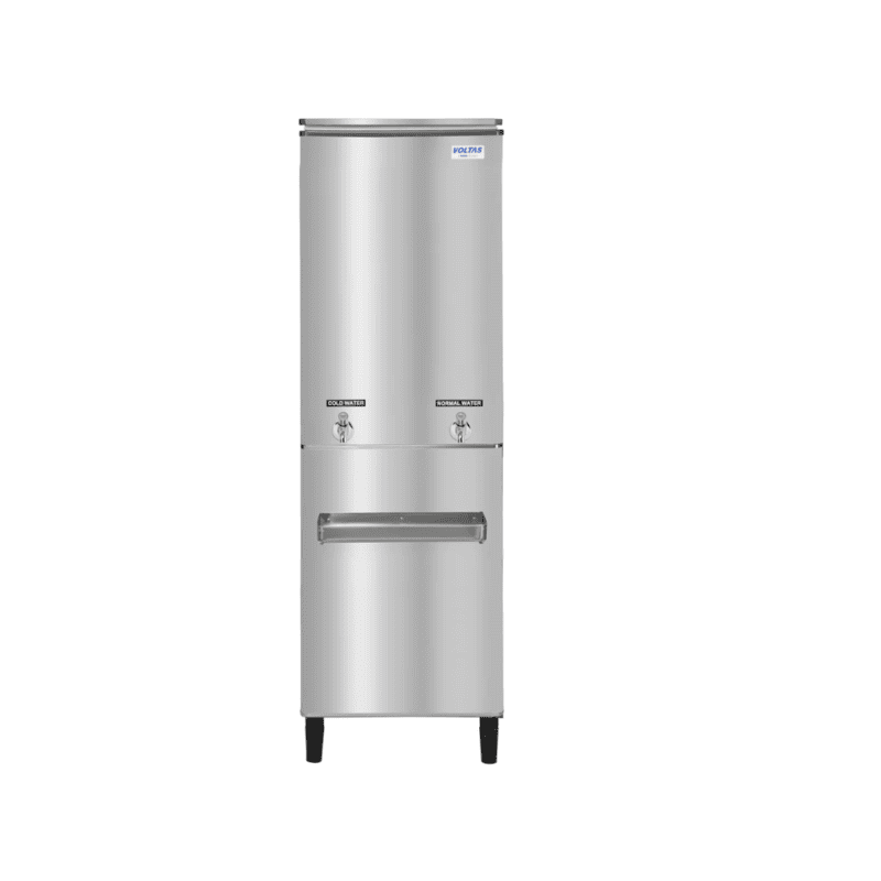 Front view of the Voltas FSS 60/120 stainless steel water cooler with two taps. Front view of the Voltas FSS 60/120 stainless steel water cooler with two taps.