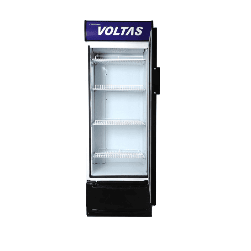A close-up of the adjustable, heavy-duty shelves inside the spacious Voltas Visi Cooler.