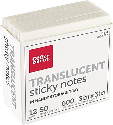 Office Depot® Brand Translucent Sticky Notes, With Storage Tray, 3" x 3", Clear, 50 Notes Per Pad, Pack Of 12 Pads