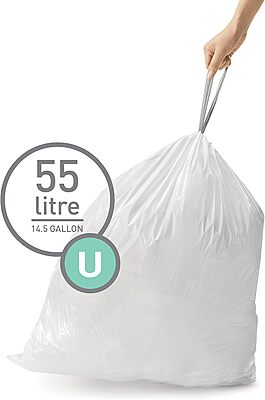 simplehuman Custom-Fit Trash Can Liners, Drawstring, White