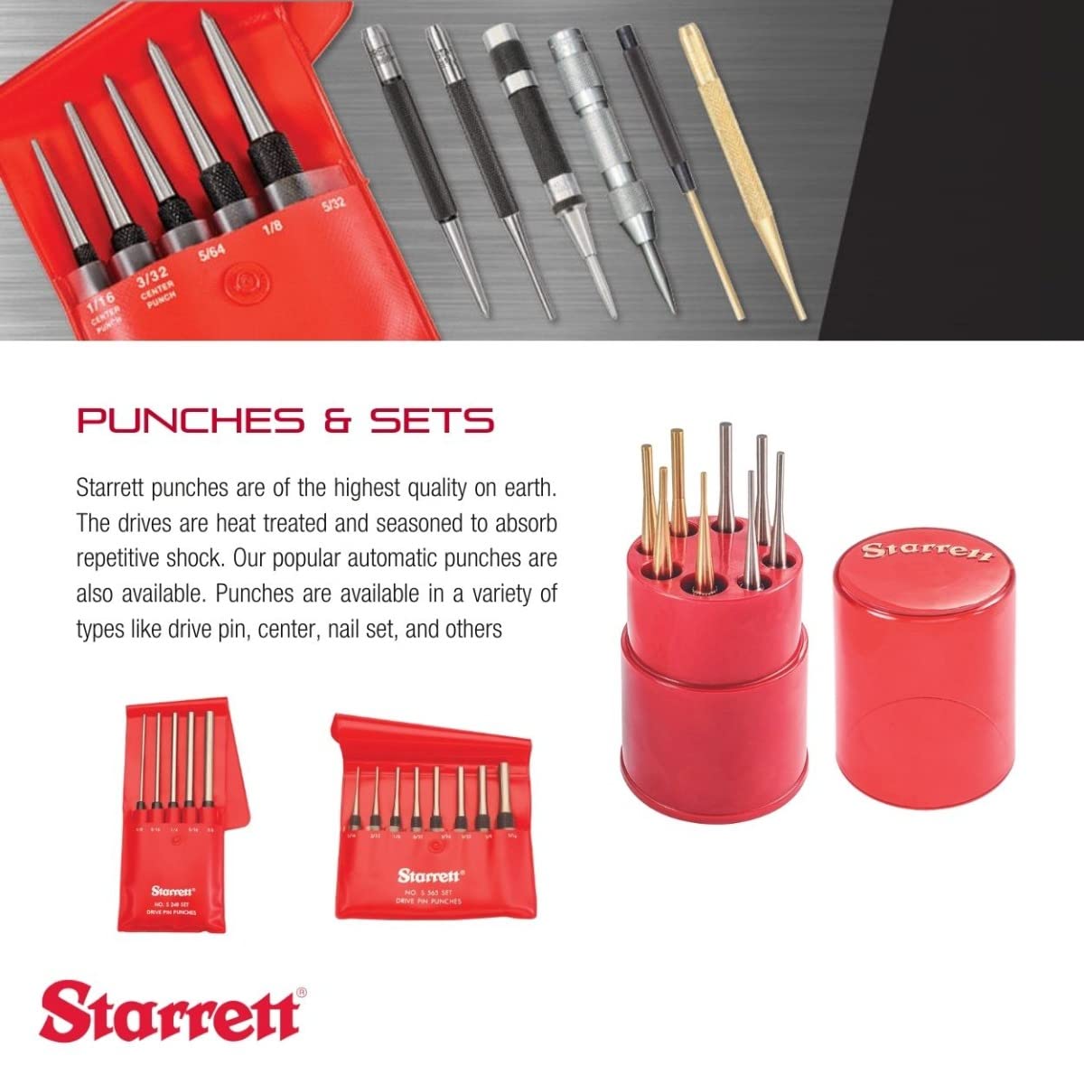 Starrett Automatic Center Punch with Adjustable Stroke - 125mm Length, 16mm Diameter Tapered Point - 818 125mm x 16mm