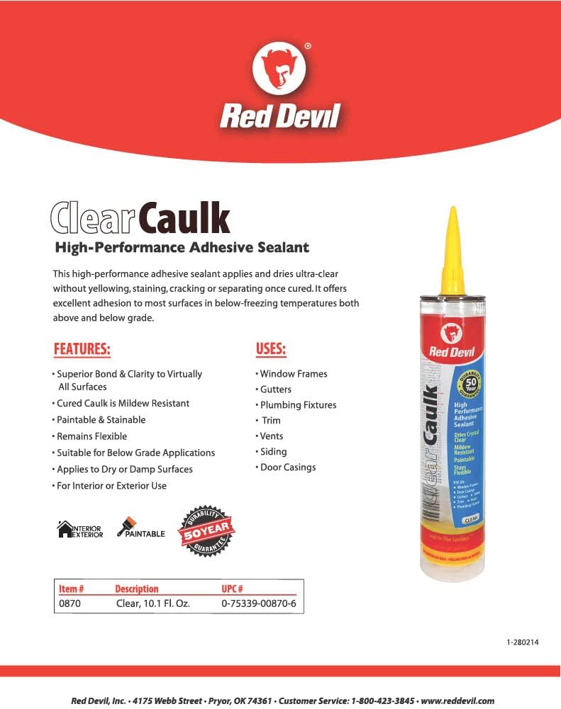 Red Devil 0870 Clear Caulk High Performance Adhesive Sealant, 10.1 Oz., Clear, 1 Pack