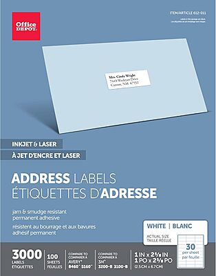 Office Depot White Inkjet/Laser Address Labels, 1in. x 2 5/8in., Box of 3,000, 505-O004-0004