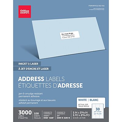 Office Depot White Inkjet/Laser Address Labels, 1in. x 2 5/8in., Box of 3,000, 505-O004-0004