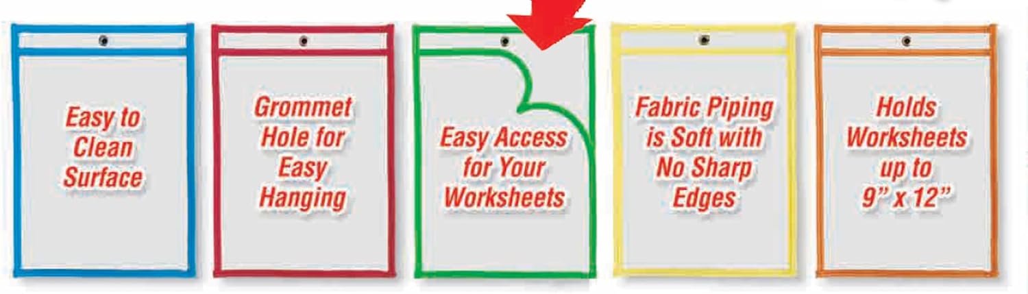 Charles Leonard Dry Erase Pockets, 9" x 12", Assorted Colors, Set of 30 (29030)