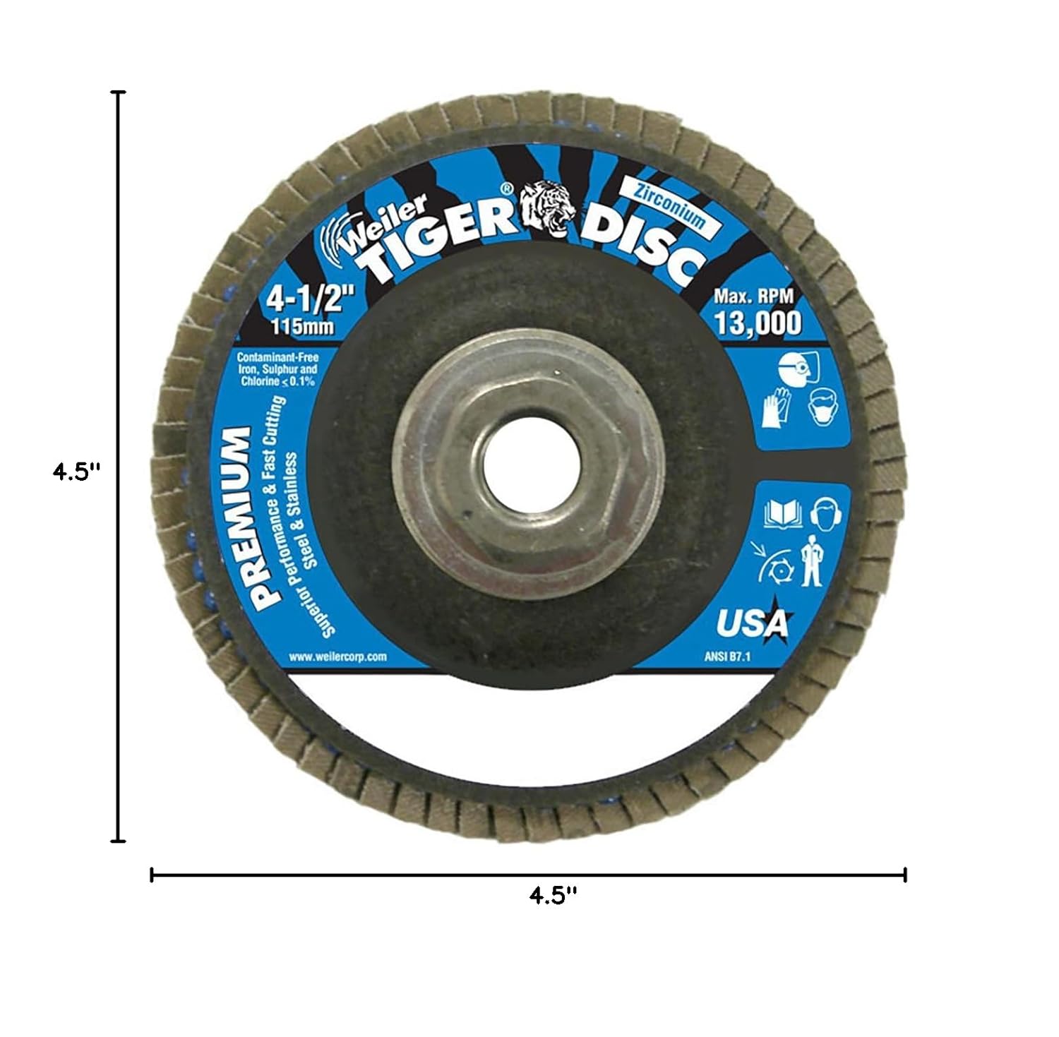 Weiler Type 27 Non-Woven Zirconium Flap Disc - Fine Grade - 4 1/2 in Dia 5/8 in Center Hole - 13000 Max RPM