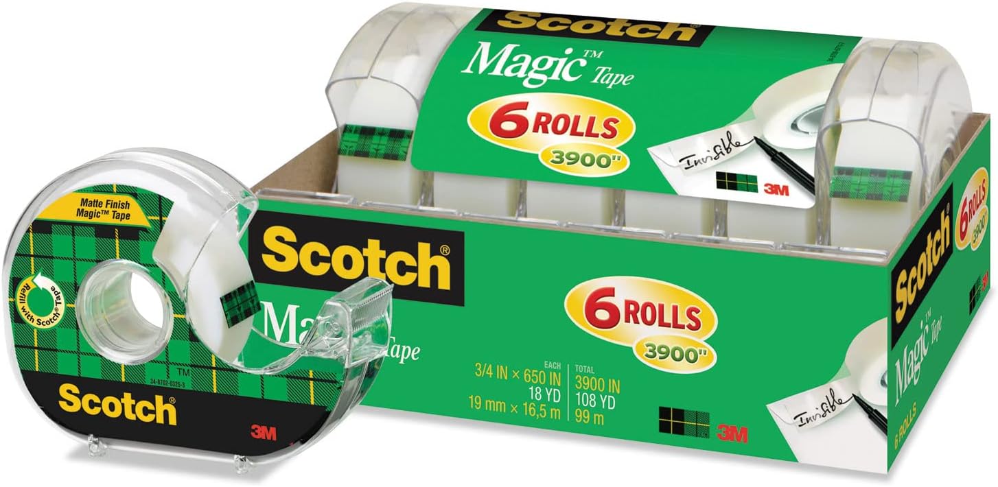 Scotch 6122 Magic Tape & Refillable Dispenser, 3/4-Inch x 650-Inch, 1-Inch Core, Clear, 6/Pack