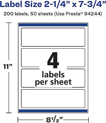AVERY Glossy White Rectangle Labels, Sure Feed Technology, 2.25" x 7.75", Print-to-The-Edge, Permanent Adhesive, Laser/Inkjet Printable