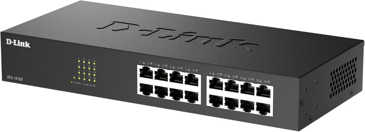 D-Link 16 Port Fast Ethernet Switch Unmanaged 10/100 Mbps Desktop Rackmount Plug and Play Metal Housing Fanless Design EEE