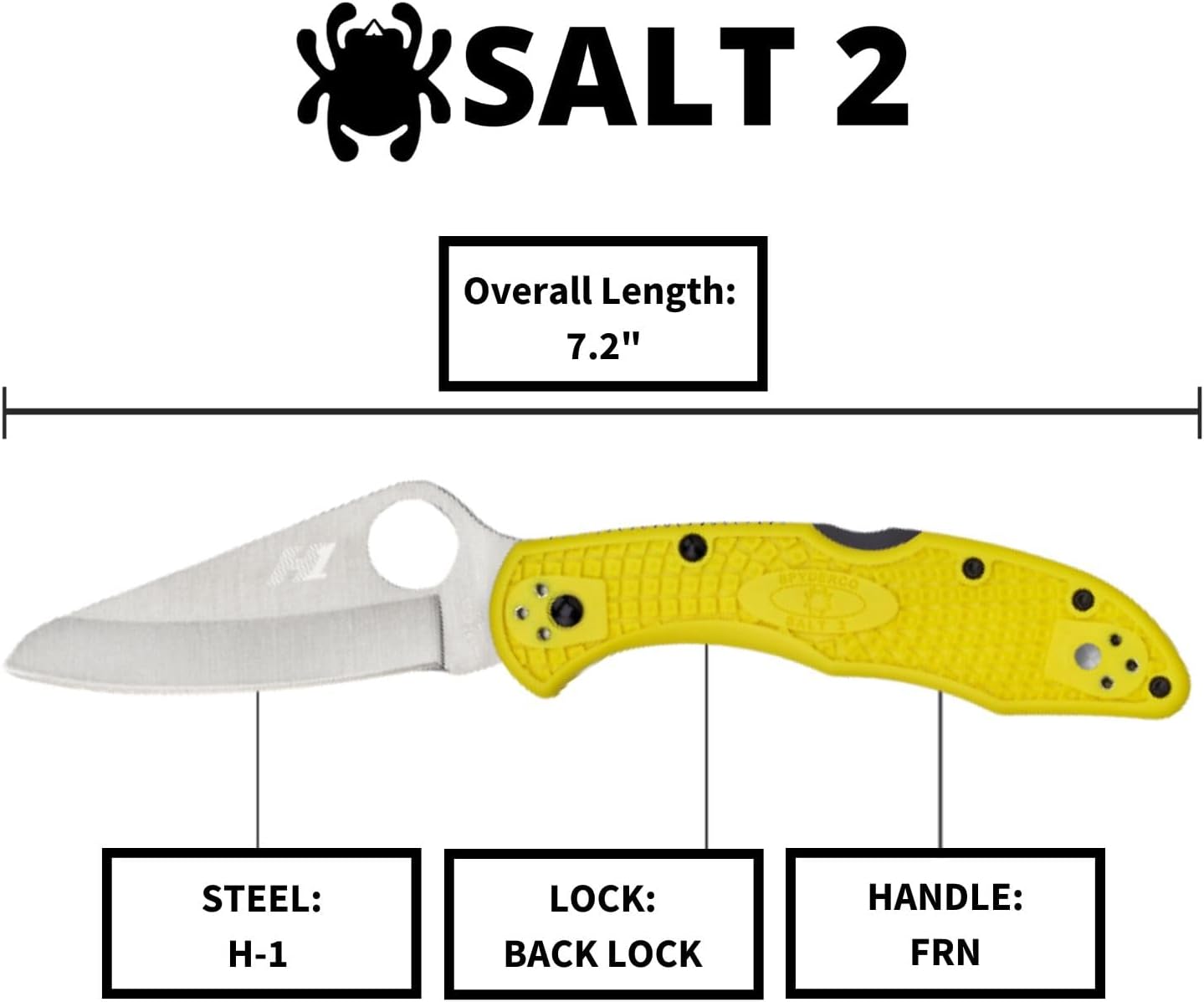 Spyderco Salt 2 Lightweight Knife with 3" H-1 Ultra-Corrosion Resistant Steel Blade and Yellow FRN Handle - PlainEdge