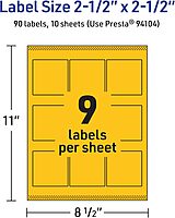 Avery Printable Square Labels, Sure Feed Technology, 2-1/2" x 2-1/2", Bright Yellow Labels, Laser/Inkjet Printable, 90 Total, Great for Jars and Packaging 90 labels