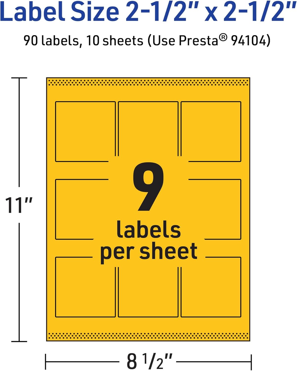 Avery Printable Square Labels, Sure Feed Technology, 2-1/2" x 2-1/2", Bright Yellow Labels, Laser/Inkjet Printable, 90 Total