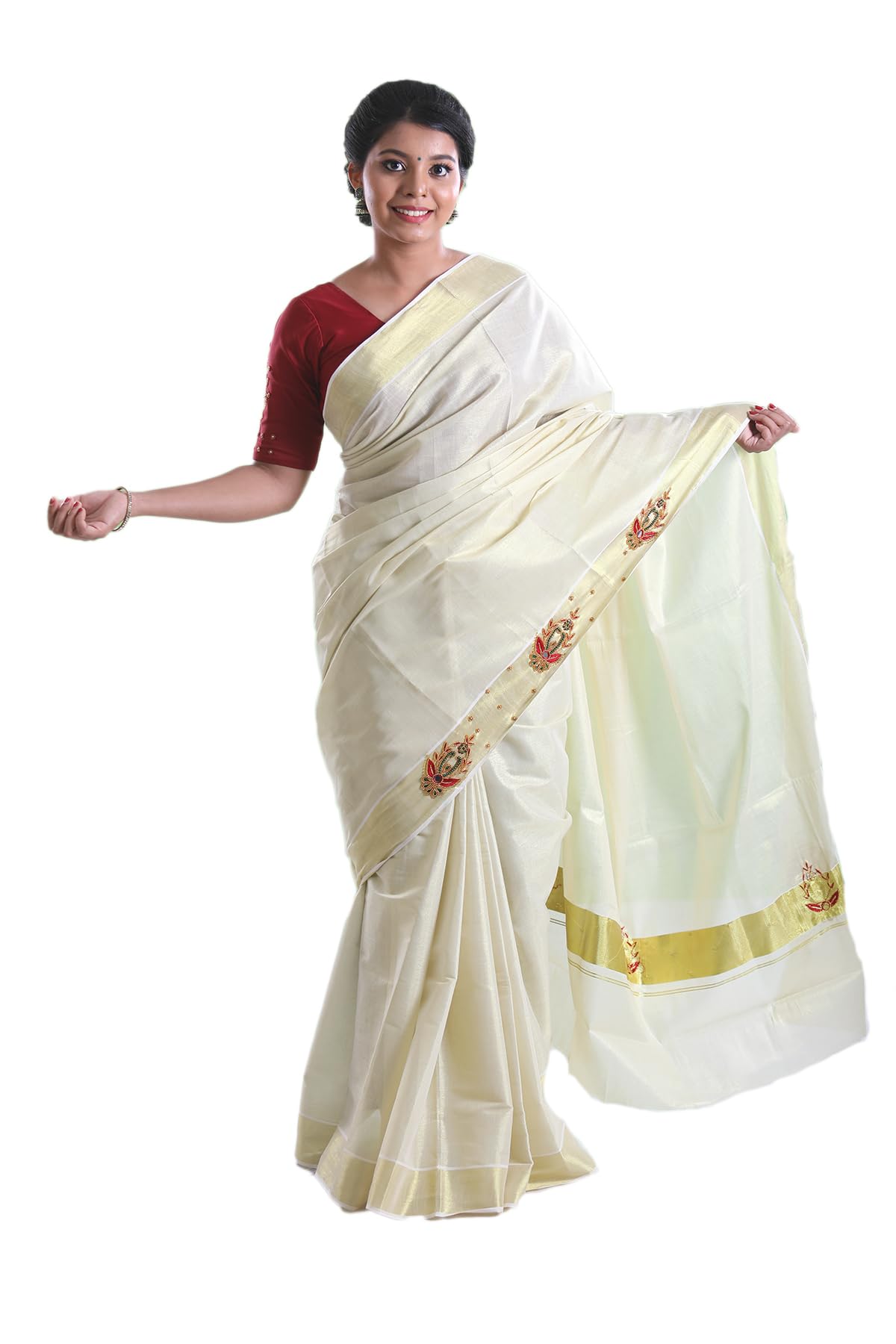 Kuthampully Kerala Kasavu Sarees For Women | Handcrafted Aari work Kerala Sarees | Tissue Onam Saree With Running Blouse | South Indian Sarees | Women's Zari Kasavu | Ekm-510 (Maroon)