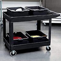 Rubbermaid Commercial Products 2-Shelf Utility/Service Cart, Medium, Black, Lipped Shelves, Ergonomic Handle, 500 lbs. Capacity, for Warehouse/Garage/Cleaning/Manufacturing Medium Black