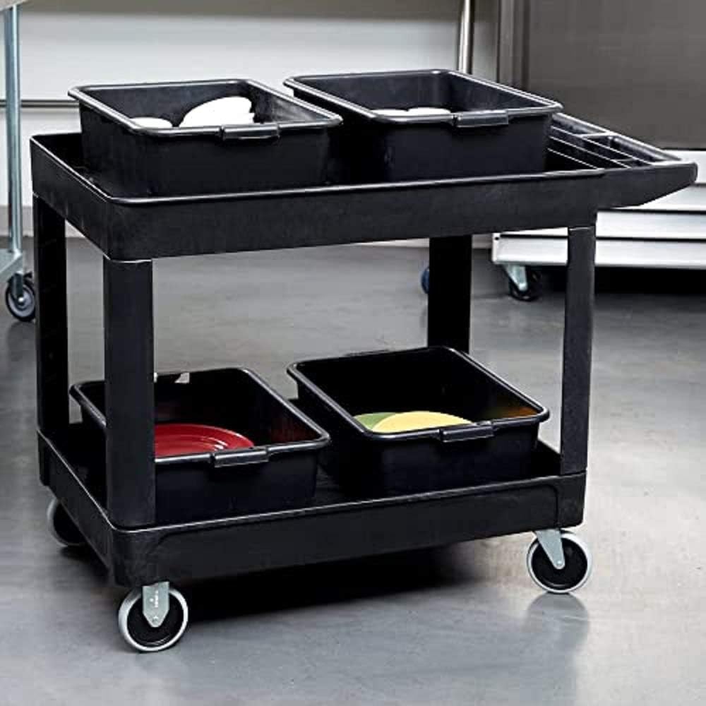 Rubbermaid Commercial Products 2-Shelf Utility/Service Cart, Medium, Black, Lipped Shelves, Ergonomic Handle