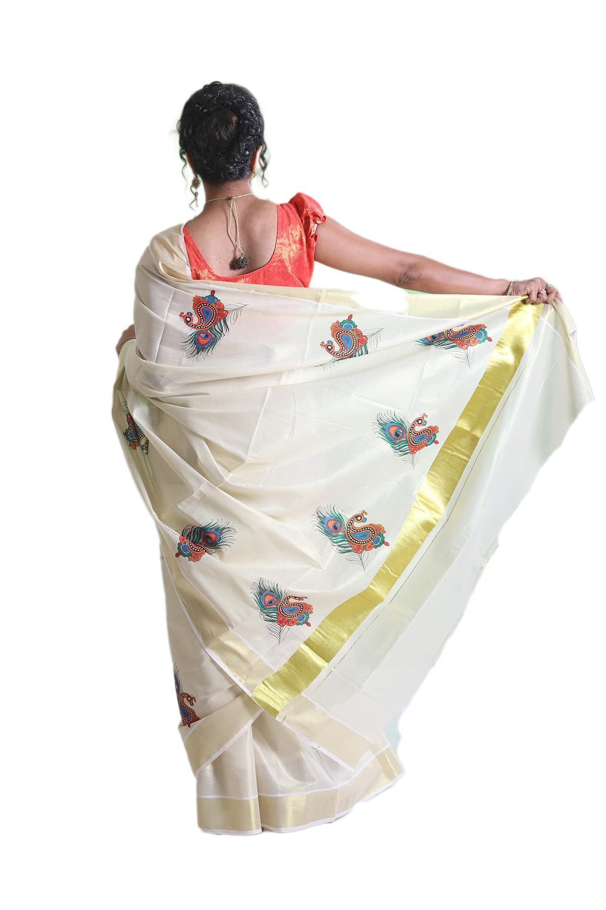 Women's Kuthampully Kerala Kasavu Saree Tissue Mural Painted | Traditional South Indian Saree | Kerala Saree - Multi Color EKM-637