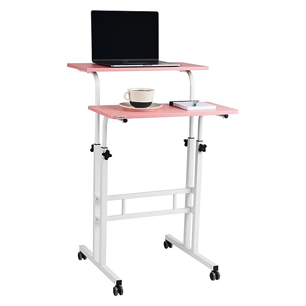 Mind Reader Standing Desk, Adjustable Height, Computer Desk, Laptop Desk, Portable, Rolling, 15" L x 22" W x 39" H, Pink