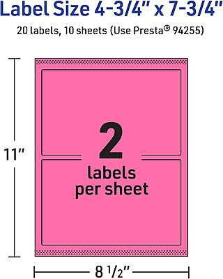 Avery Printable Rectangle Labels, Sure Feed Technology, 4-3/4" x 7-3/4", Bright Pink Labels, Print-to-The-Edge