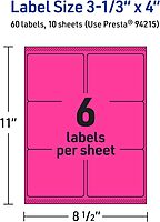 AVERY Printable Rectangle Labels, Sure Feed Technology, 3-1/3" x 4", Neon Magenta