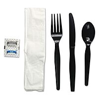 Boardwalk BWKFKTNSHWPSBLA 6-Piece Heavyweight Condiment/Fork/Knife/Napkin/Spoon Cutlery Kit - Black (250/Carton)