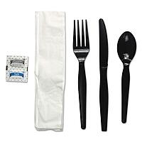 Boardwalk BWKFKTNSHWPSBLA 6-Piece Heavyweight Condiment/Fork/Knife/Napkin/Spoon Cutlery Kit - Black (250/Carton)