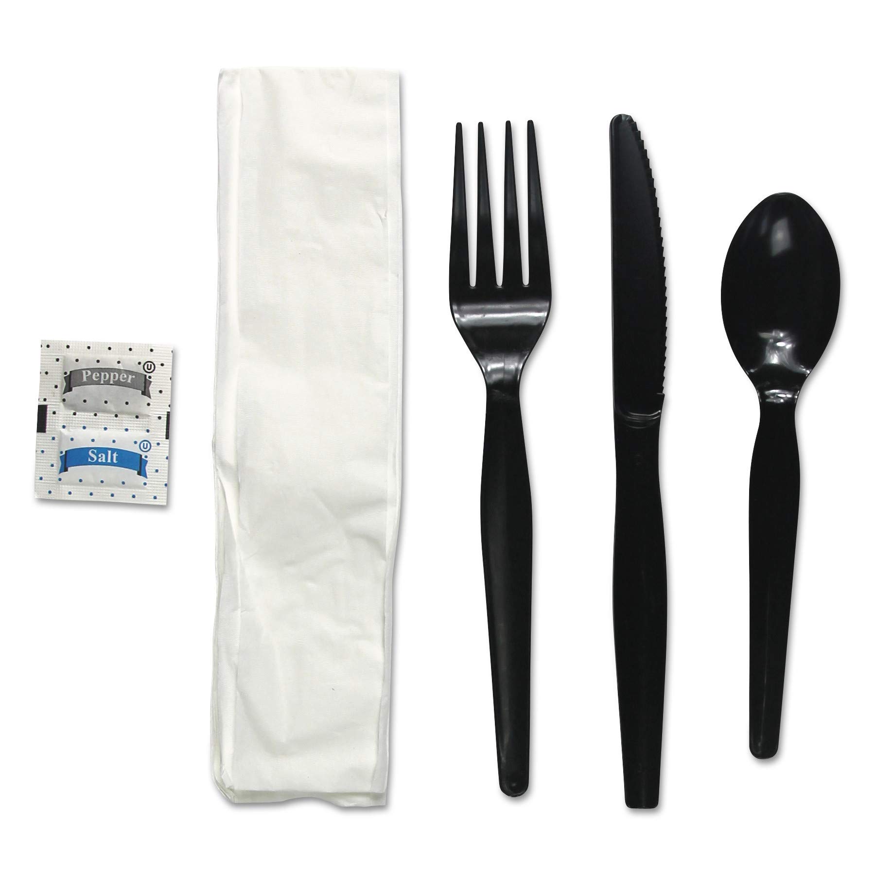 Boardwalk BWKFKTNSHWPSBLA 6-Piece Heavyweight Condiment/Fork/Knife/Napkin/Spoon Cutlery Kit - Black (250/Carton)