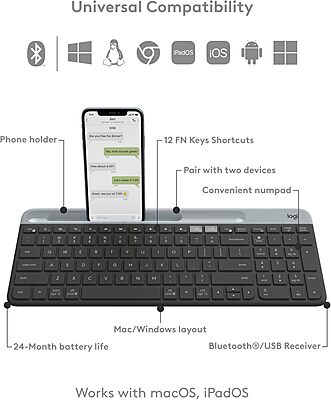 Logitech K585 Multi-Device Slim Wireless Keyboard, Built-in Cradle for Device; for Laptop, Tablet, Desktop, Smartphone, Win/Mac, Bluetooth/Receiver, Compact, Easy Switch, 24 Month Battery - Graphite