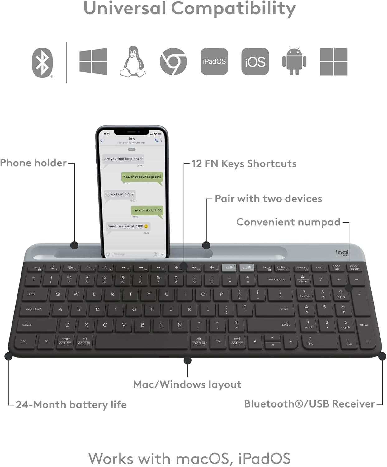 Logitech K585 Multi-Device Slim Wireless Keyboard, Built-in Cradle for Device; for Laptop, Tablet, Desktop, Smartphone