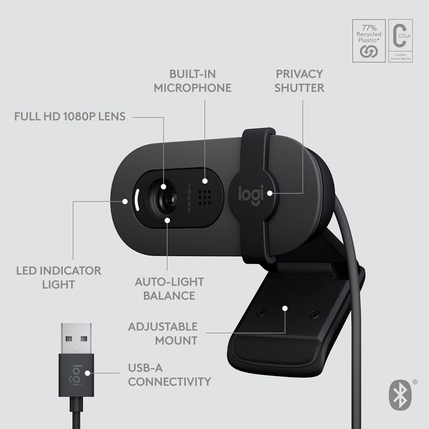 Logitech Brio 105 Full HD 1080p Business Webcam with Auto-Light Balance, USB-A, Privacy Shutter, Easy Set-Up