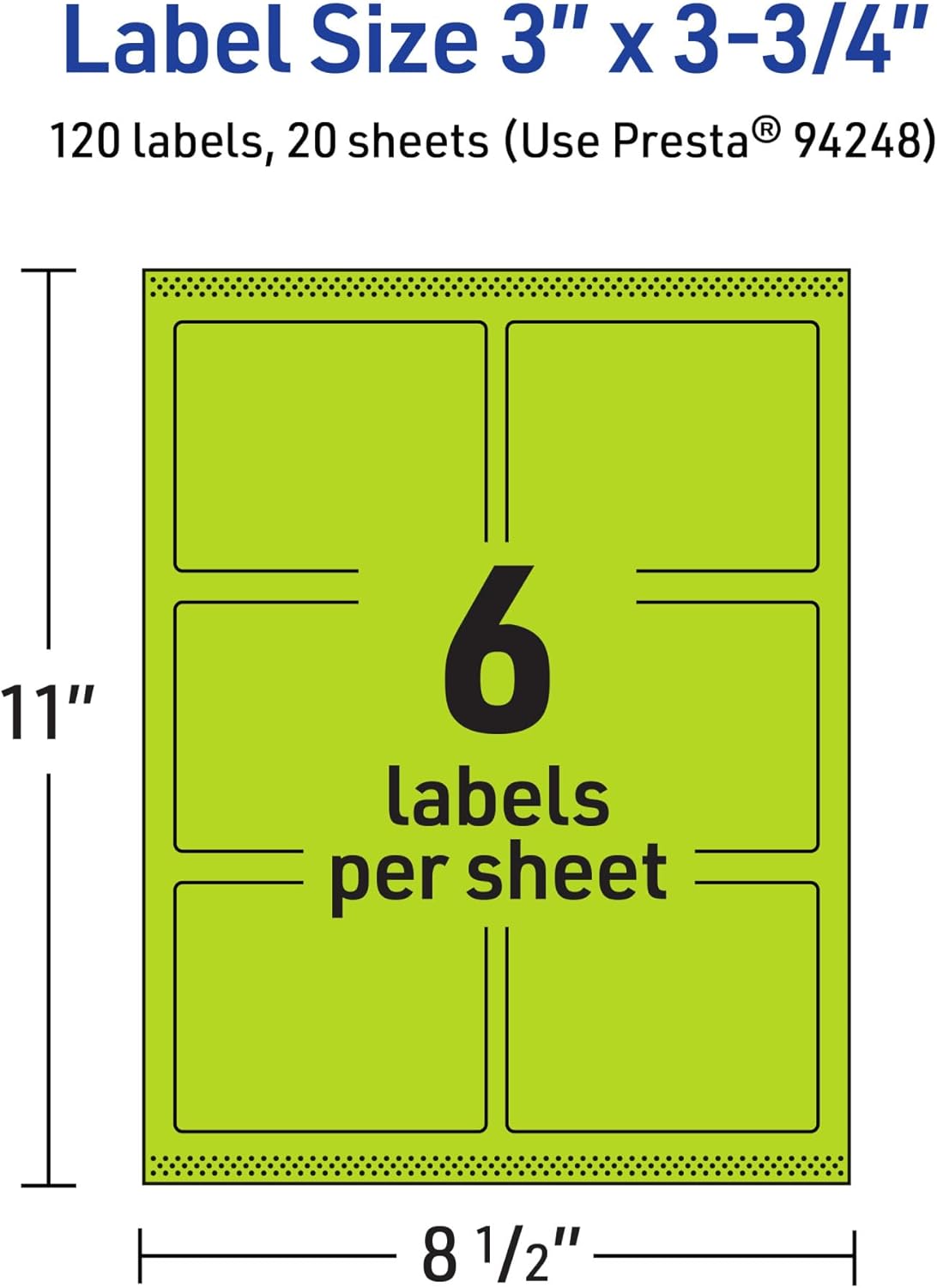 Avery Printable Rectangle Labels, Sure Feed Technology, 3" x 3.75", Bright Green, Print-to-The-Edge, Laser/Inkjet