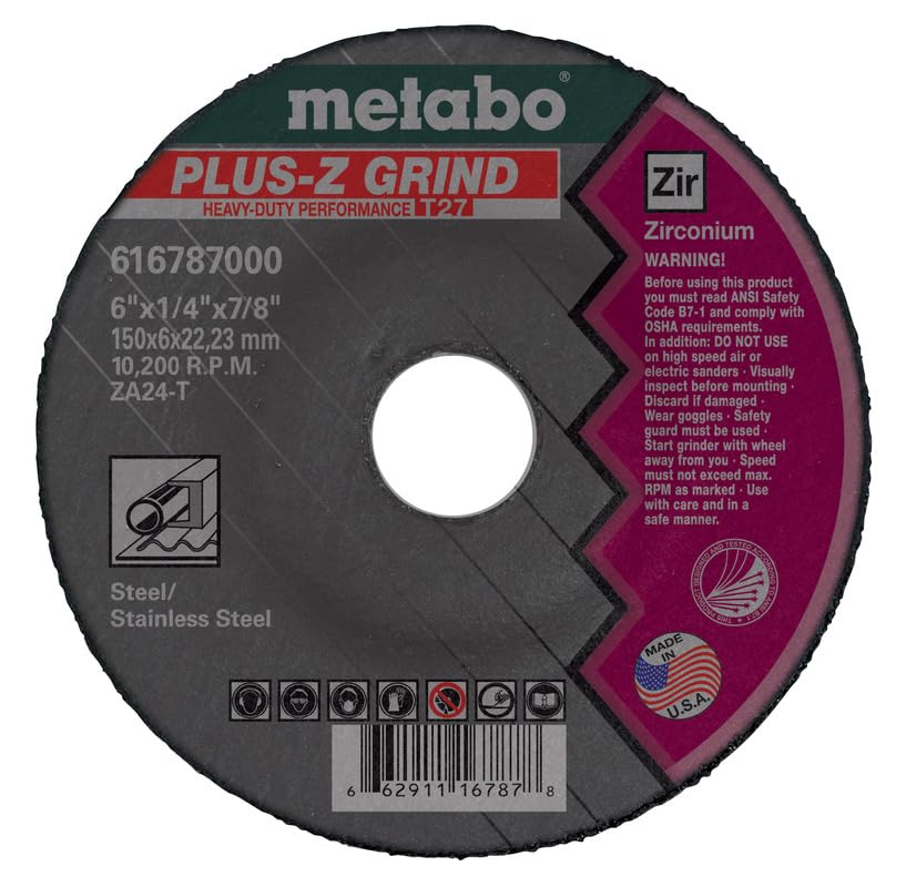 Metabo 6-inch Plus-Z Grinding Wheel | Type 27 | 6" x 1/4" x 7/8" | ZA24T | Zirconia Alumina | Super Performance | Improved