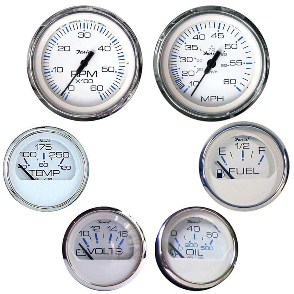 Faria KTF001 Chesapeake Stainless Steel Inboard 6-Gauge Boxed Set - Speedometer/Tachometer/Fuel Level/Voltmeter/Water