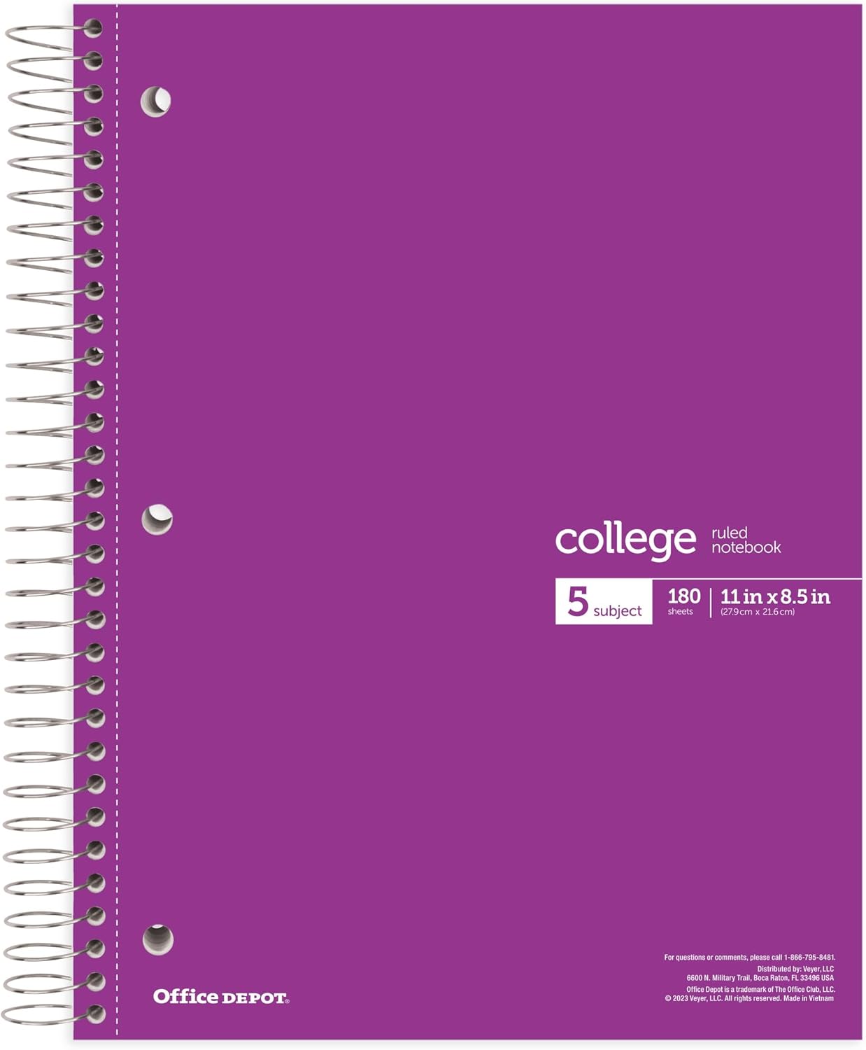 Office Depot® Wirebound Notebooks, 8 1/2" x 11", 5 Subjects, College Ruled, 180 Sheets, Assorted Colors, Pack Of 6 Notebooks