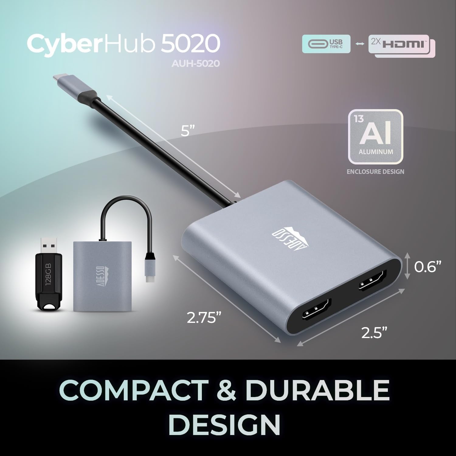 USB C to Dual HDMI Adapter, Compact and Portable USB C Adapter, Supports 4K@60Hz and Dual 2K/1080P@60Hz