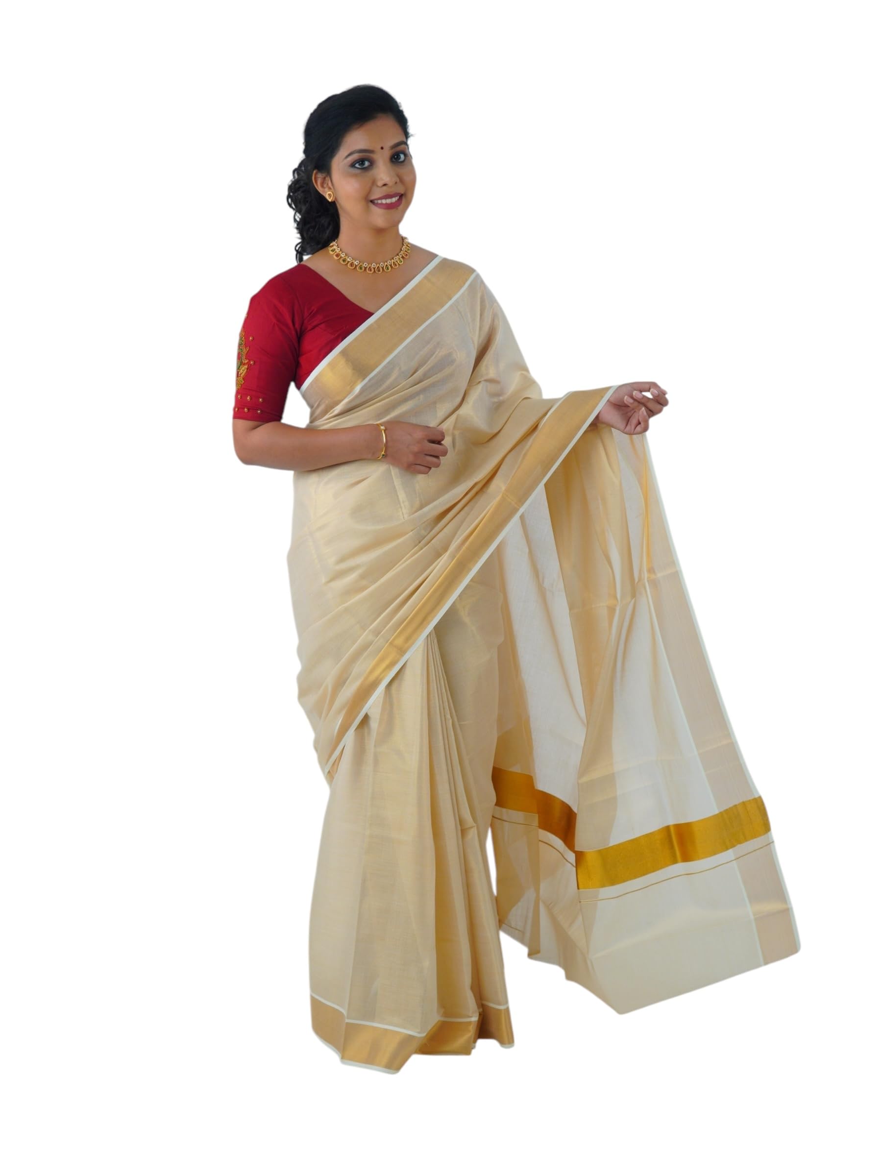 Kuthampully Kerala Saree |Traditional South Indian Sarees |Onam Cotton Kasavu Saree |Authentic South Cultural Sarees |Women's Plain Zari Kasavu |EKM-824 Pack -1 (Gold)