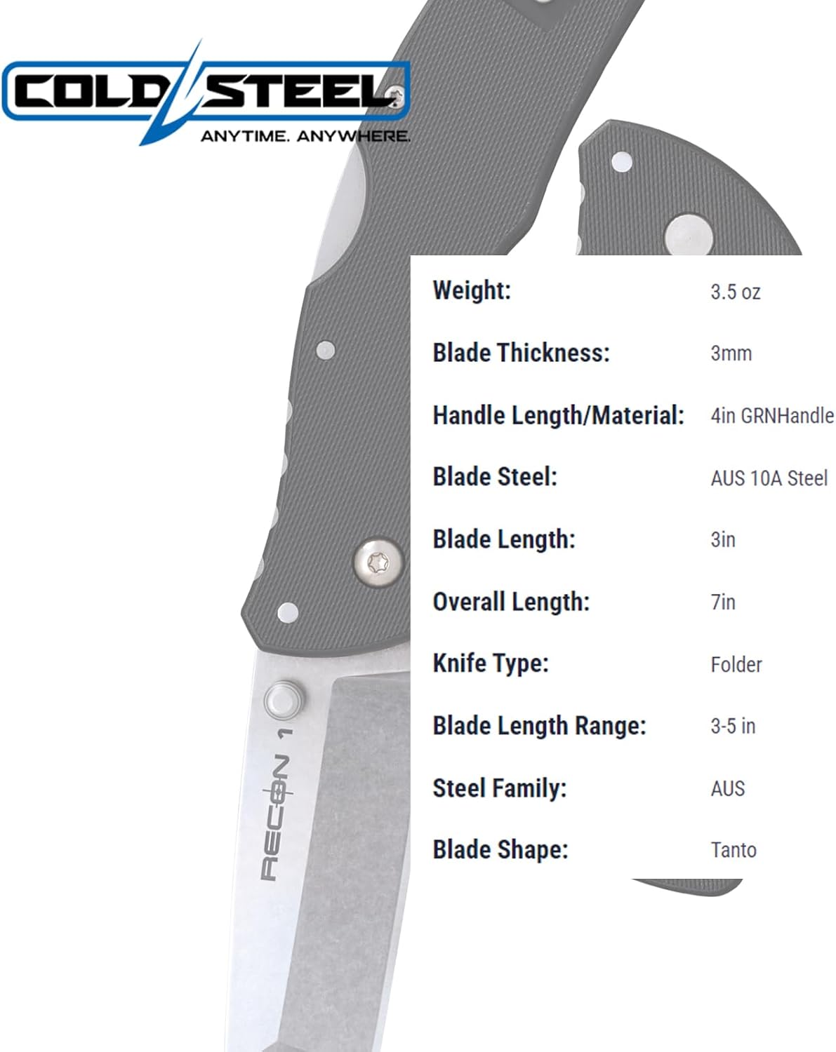 Cold Steel Mini Recon 1 3" AUS10A Folding Knife with 4" GFN Handle & Tri-Ad Lock