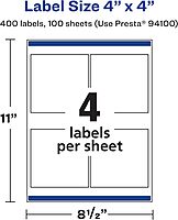 Avery Matte White Square Labels, Sure Feed Technology, 4" x 4"