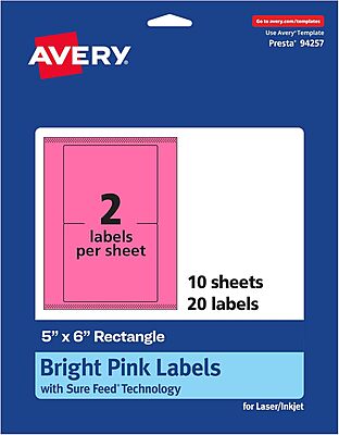 AVERY Printable Rectangle Labels, Sure Feed Technology, 5" x 6", Bright Pink, Laser/Inkjet Printable