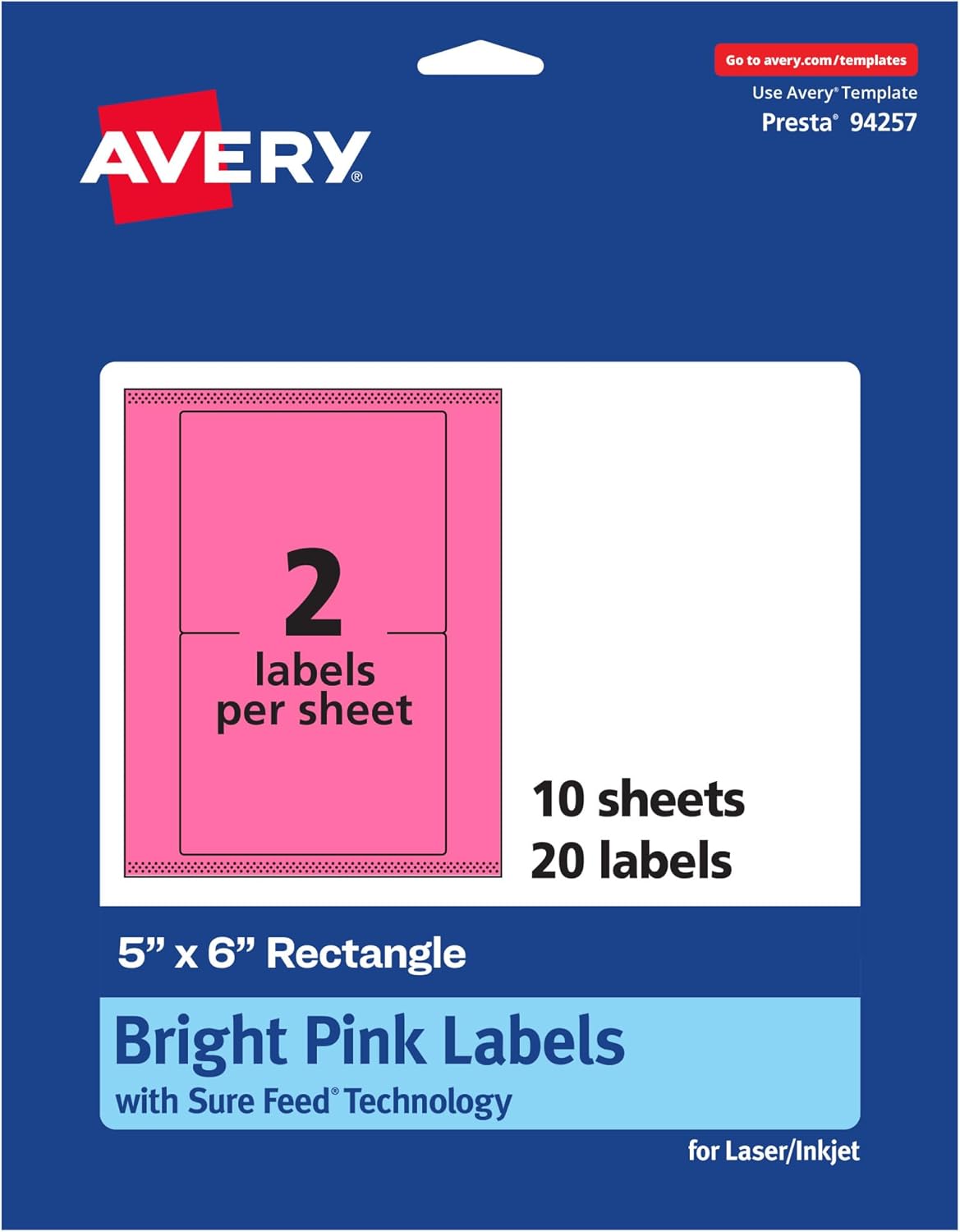 AVERY Printable Rectangle Labels, Sure Feed Technology, 5" x 6", Bright Pink, Laser/Inkjet Printable