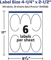 Avery Glossy White Oval Labels, Sure Feed Technology, 4.25" x 2.5", Permanent Adhesive, Laser/Inkjet Printable