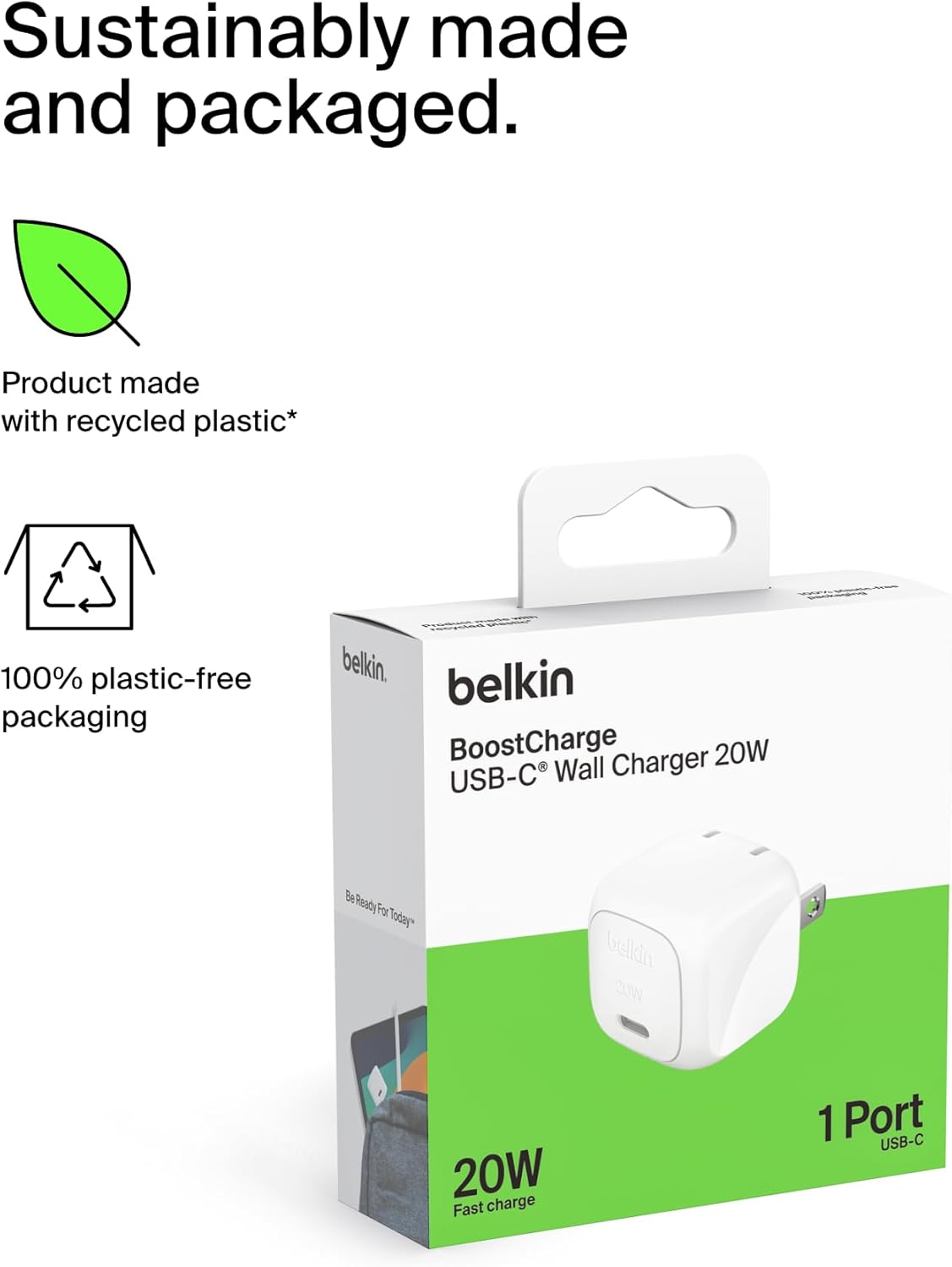 Belkin Compact Charger Block 20W, USB-C Power Delivery Fast Charging - Apple iPhone 16, 15, 14, 13, Plus, Pro
