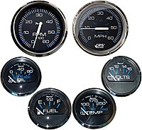 Faria Chesapeake Black withStainless Steel Bezel Boxed Set of 6 - Speed, Tach, Fuel Level, Voltmeter