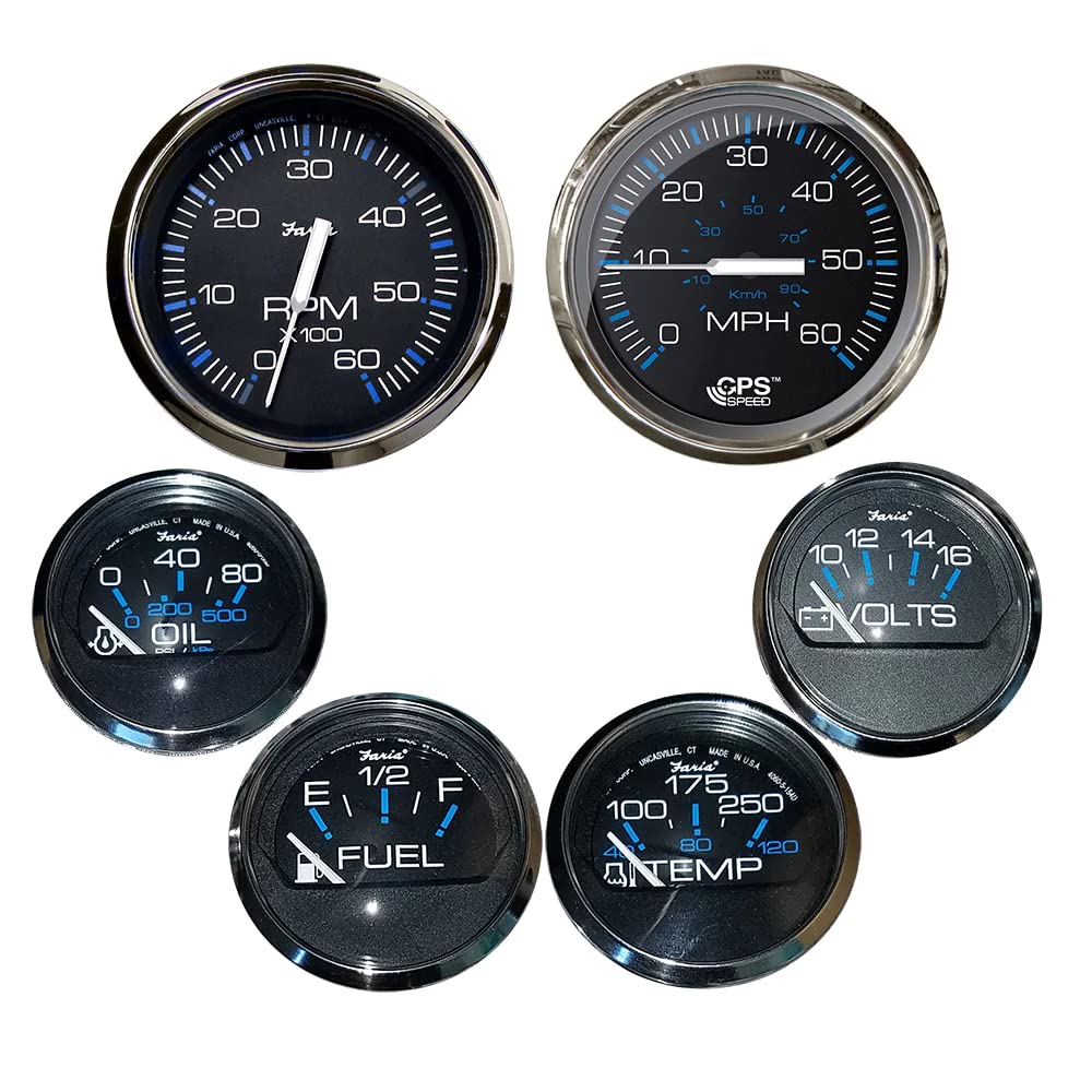 Faria Chesapeake Black withStainless Steel Bezel Boxed Set of 6 - Speed, Tach, Fuel Level, Voltmeter